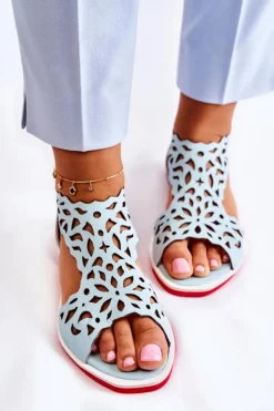 Damskie Boto Skórzane Lekkie Ażurowe Sandały Jasnoniebieskie Alima