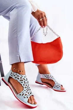 Damskie Boto Skórzane Lekkie Ażurowe Sandały Jasnoniebieskie Alima