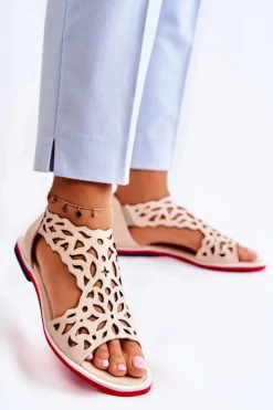 Boto Sandały Ażurowe|Sandały Na Koturnie*Skórzane Lekkie Ażurowe Sandały Beżowe Alima