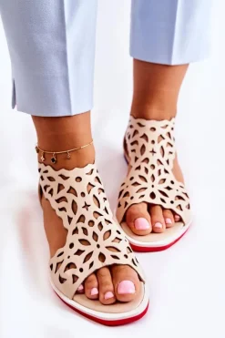 Boto Sandały Ażurowe|Sandały Na Koturnie*Skórzane Lekkie Ażurowe Sandały Beżowe Alima