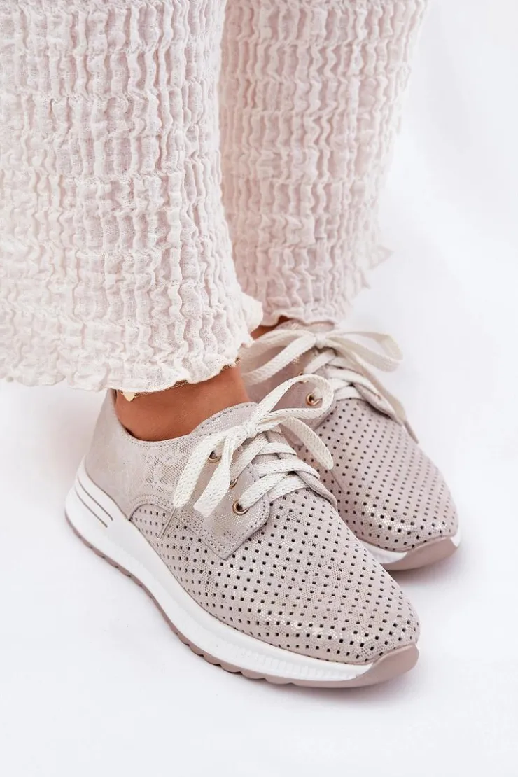 Clearance Artiker Skórzane Lekkie Półbuty Damskie Na Platformie 56C2113 Beżowo-Złote