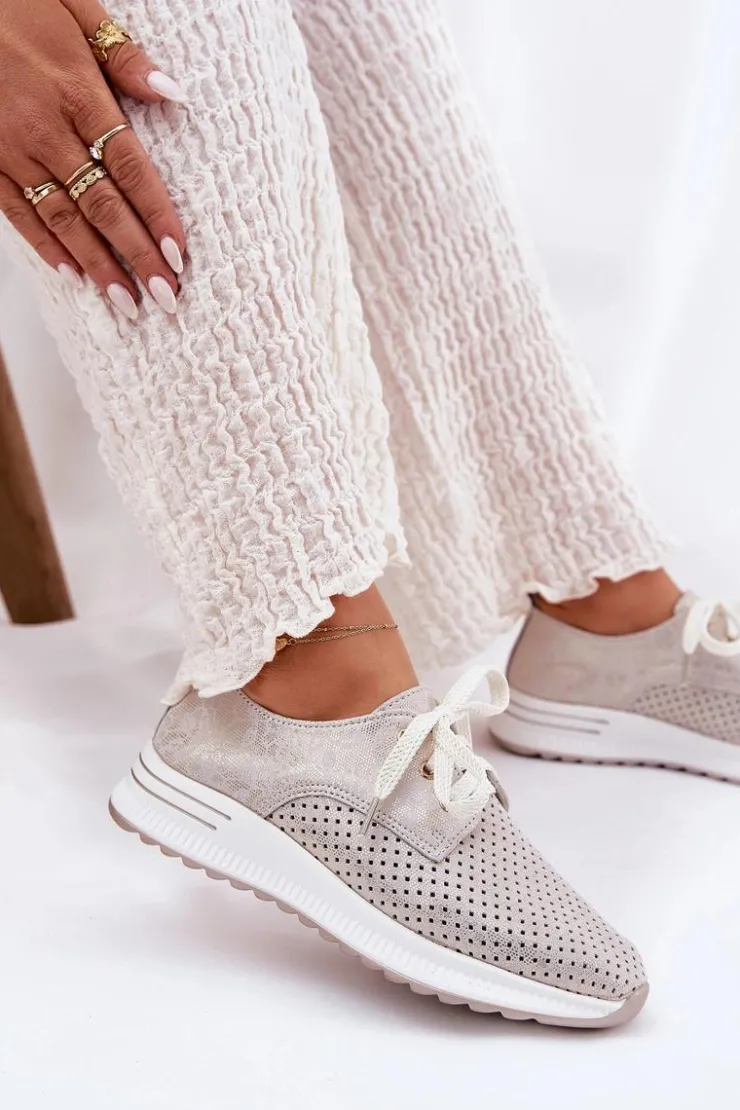 Clearance Artiker Skórzane Lekkie Półbuty Damskie Na Platformie 56C2113 Beżowo-Złote