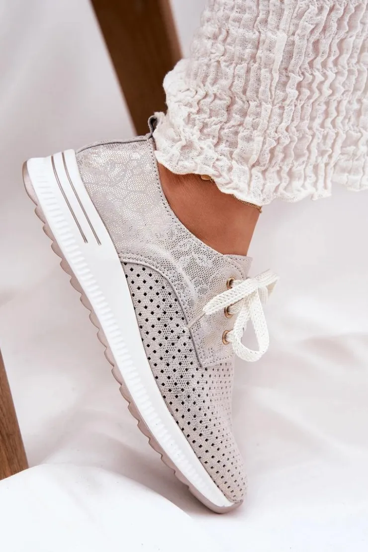 Clearance Artiker Skórzane Lekkie Półbuty Damskie Na Platformie 56C2113 Beżowo-Złote