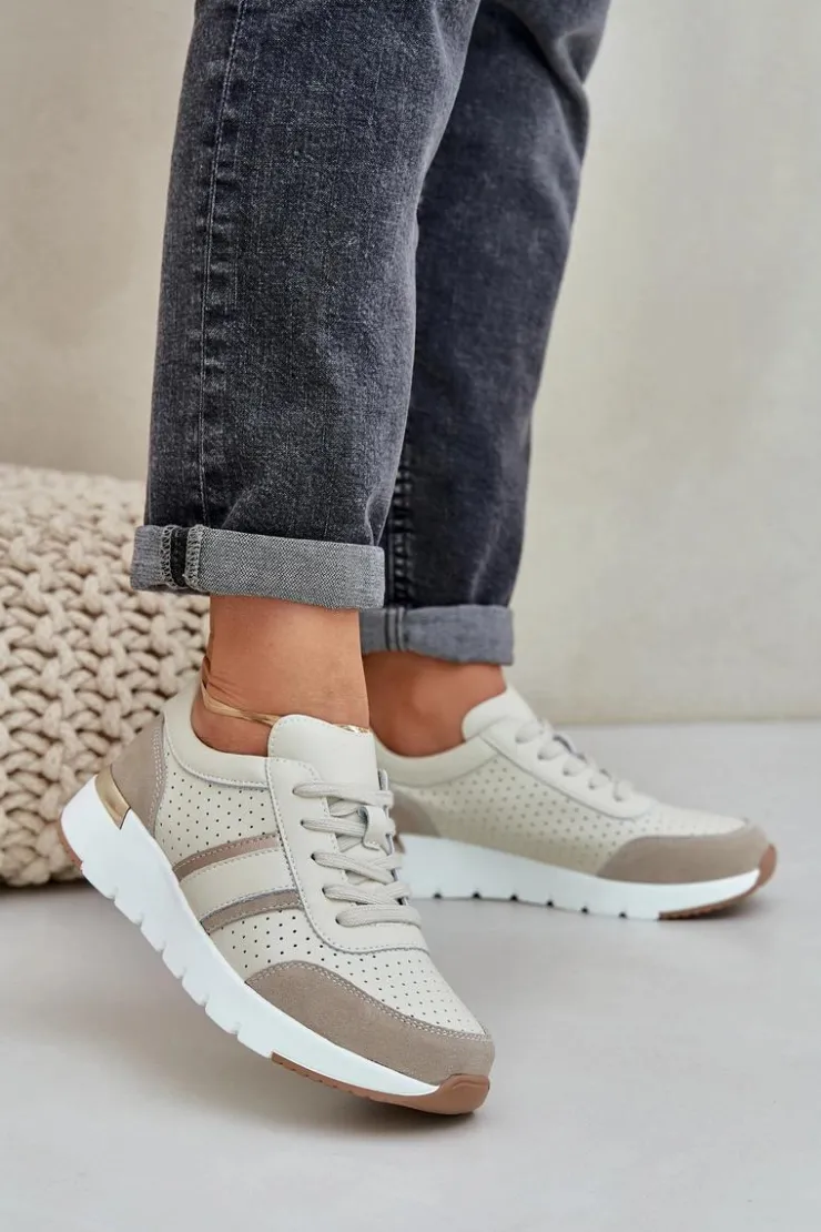 Outlet Evento Skórzane Lekkie Sneakersy Buty Sportowe Damskie Beżowe Norlexia