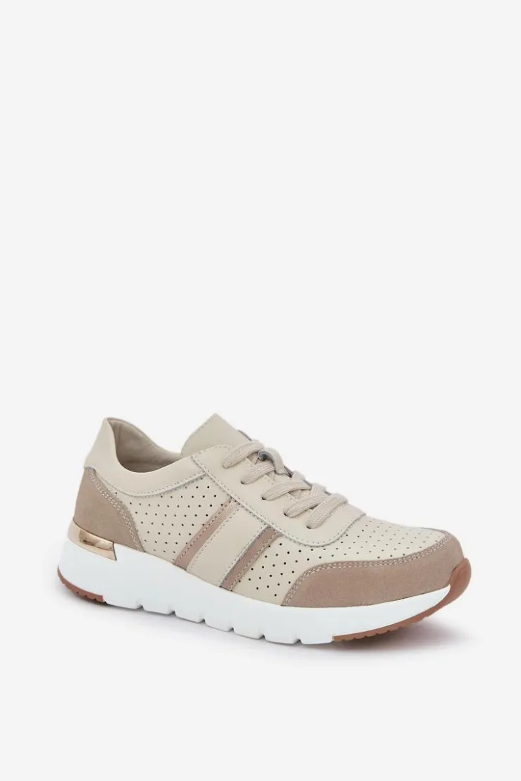 Outlet Evento Skórzane Lekkie Sneakersy Buty Sportowe Damskie Beżowe Norlexia