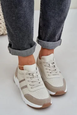 Outlet Evento Skórzane Lekkie Sneakersy Buty Sportowe Damskie Beżowe Norlexia