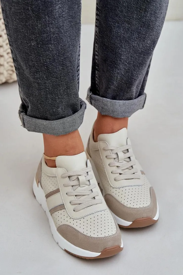 Outlet Evento Skórzane Lekkie Sneakersy Buty Sportowe Damskie Beżowe Norlexia