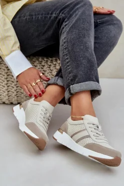 Outlet Evento Skórzane Lekkie Sneakersy Buty Sportowe Damskie Beżowe Norlexia