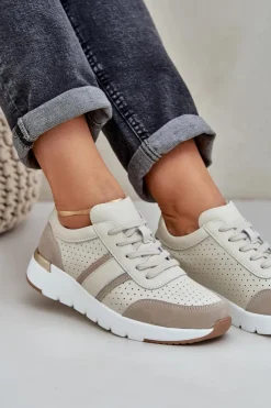 Outlet Evento Skórzane Lekkie Sneakersy Buty Sportowe Damskie Beżowe Norlexia