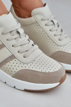 Outlet Evento Skórzane Lekkie Sneakersy Buty Sportowe Damskie Beżowe Norlexia