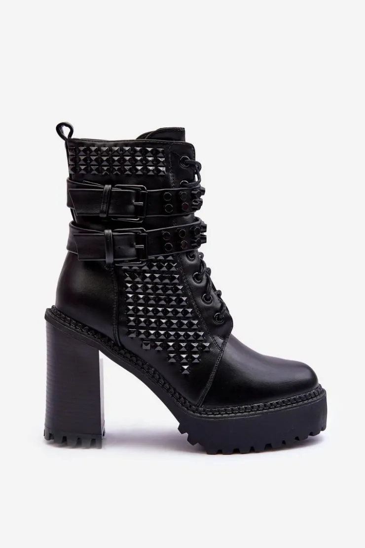 Boto Botki Na Słupku|Czarne Botki*Skórzane Masywne Botki Na Obcasie Ćwieki Czarne Cadabra