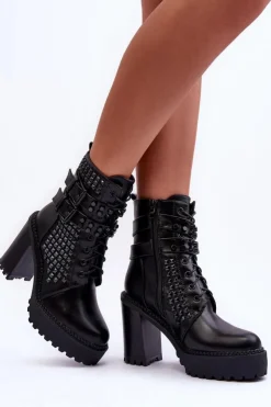 Boto Botki Na Słupku|Czarne Botki*Skórzane Masywne Botki Na Obcasie Ćwieki Czarne Cadabra