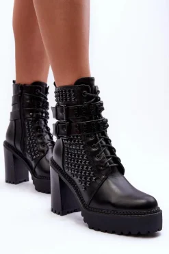 Boto Botki Na Słupku|Czarne Botki*Skórzane Masywne Botki Na Obcasie Ćwieki Czarne Cadabra