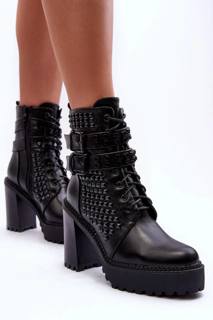 Boto Botki Na Słupku|Czarne Botki*Skórzane Masywne Botki Na Obcasie Ćwieki Czarne Cadabra