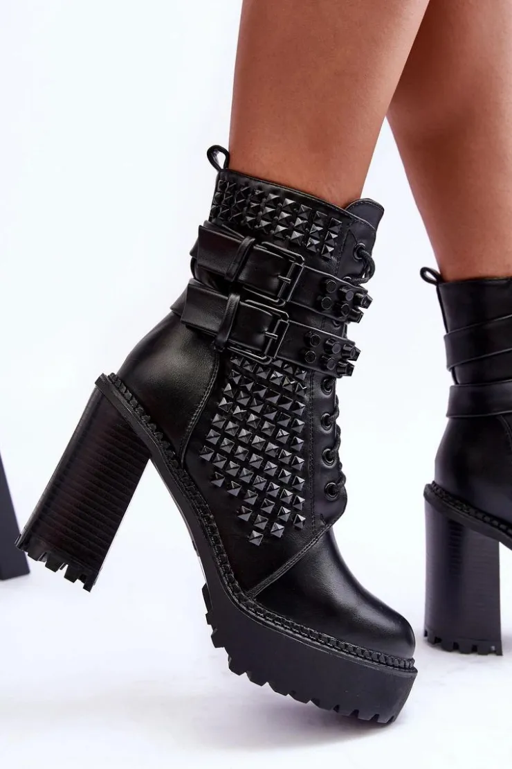 Boto Botki Na Słupku|Czarne Botki*Skórzane Masywne Botki Na Obcasie Ćwieki Czarne Cadabra
