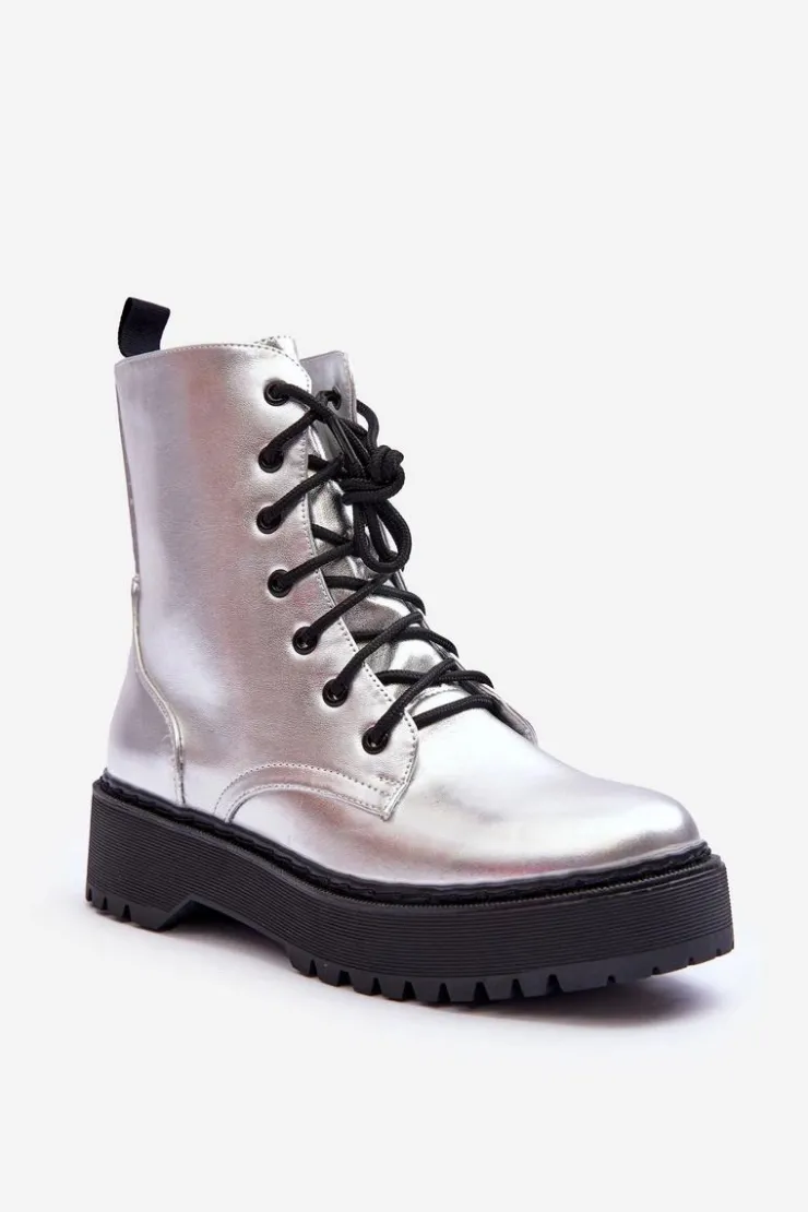 Boto Botki Sznurowane|Brązowe I Beżowe Botki*Skórzane Metaliczne Botki Workery Srebrne Teflorna