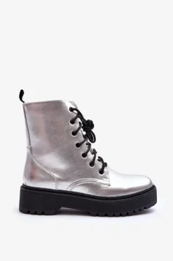 Boto Botki Sznurowane|Brązowe I Beżowe Botki*Skórzane Metaliczne Botki Workery Srebrne Teflorna