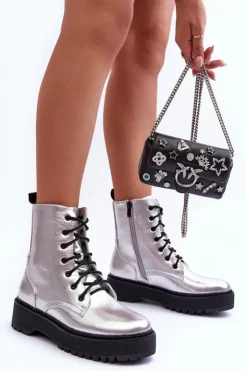 Boto Botki Sznurowane|Brązowe I Beżowe Botki*Skórzane Metaliczne Botki Workery Srebrne Teflorna