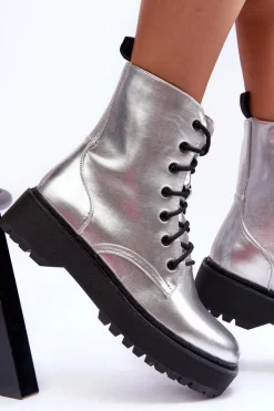 Boto Botki Sznurowane|Brązowe I Beżowe Botki*Skórzane Metaliczne Botki Workery Srebrne Teflorna