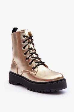 Boto Botki Sznurowane|Brązowe I Beżowe Botki*Skórzane Metaliczne Botki Workery Złote Teflorna