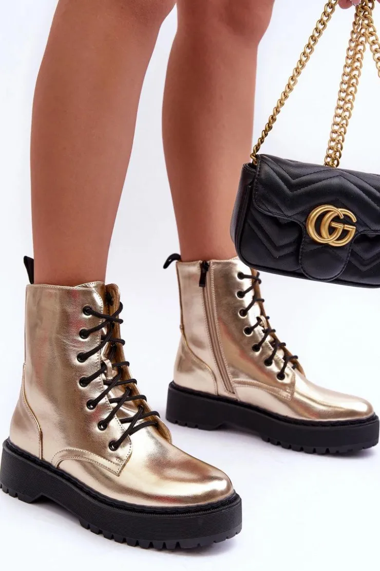 Boto Botki Sznurowane|Brązowe I Beżowe Botki*Skórzane Metaliczne Botki Workery Złote Teflorna