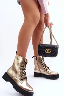 Boto Botki Sznurowane|Brązowe I Beżowe Botki*Skórzane Metaliczne Botki Workery Złote Teflorna