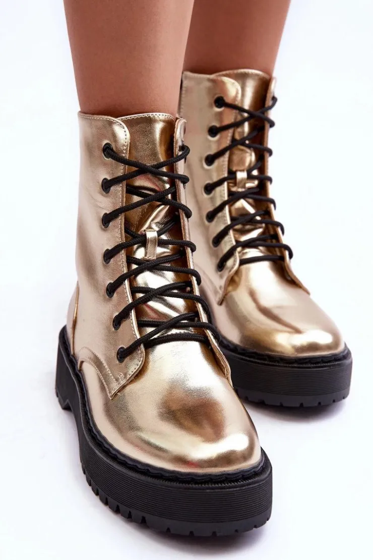 Boto Botki Sznurowane|Brązowe I Beżowe Botki*Skórzane Metaliczne Botki Workery Złote Teflorna