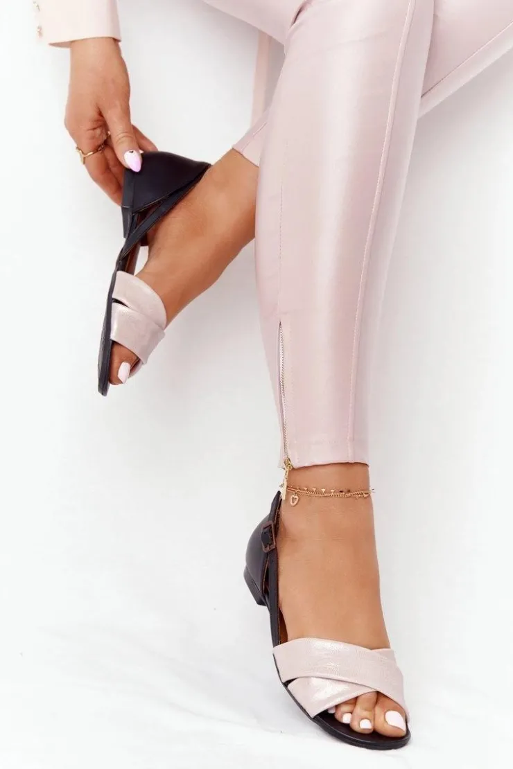 Damskie Maciejka Skórzane Metaliczne Sandały 04614-15 Różowo-Czarne