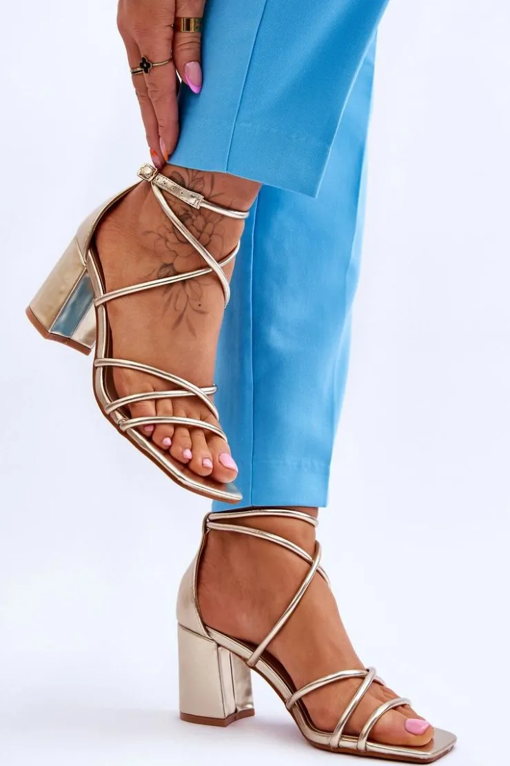 Boto Sandały Na Obcasie*Skórzane Modne Damskie Sandały Na Obcasie Złote Primma