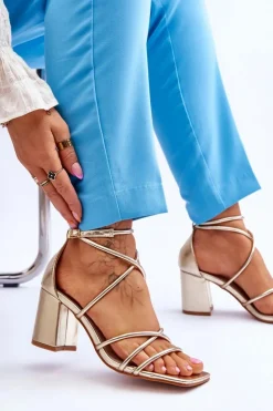 Boto Sandały Na Obcasie*Skórzane Modne Damskie Sandały Na Obcasie Złote Primma