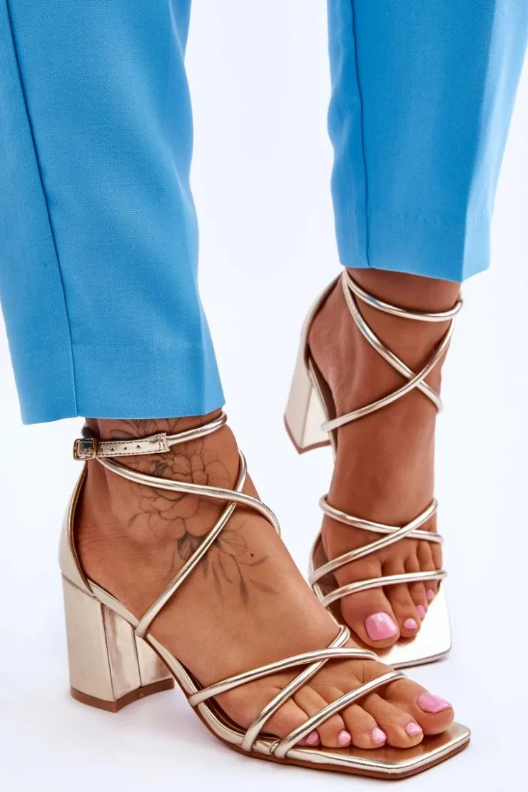 Boto Sandały Na Obcasie*Skórzane Modne Damskie Sandały Na Obcasie Złote Primma