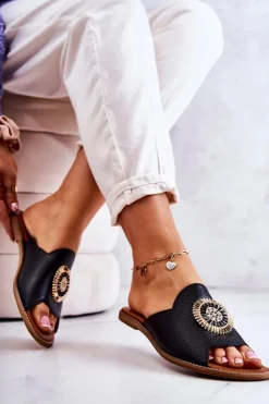 Damskie Boto Skórzane Modne Klapki Lewski Shoes 3132/O Czarne