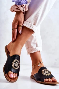 Damskie Boto Skórzane Modne Klapki Lewski Shoes 3132/O Czarne