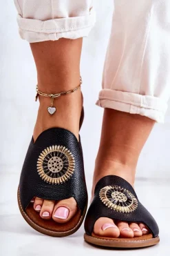 Damskie Boto Skórzane Modne Klapki Lewski Shoes 3132/O Czarne