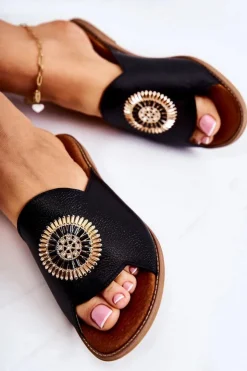 Damskie Boto Skórzane Modne Klapki Lewski Shoes 3132/O Czarne