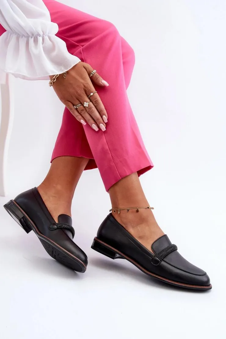 Buty Sergio Leone Skórzane Mokasyny Damskie Z Ozdobnym Paseczkiem Czarne Saosin