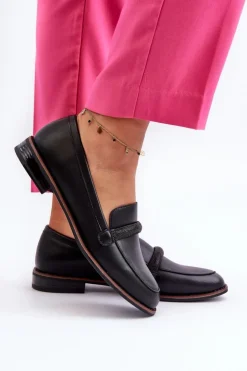 Buty Sergio Leone Skórzane Mokasyny Damskie Z Ozdobnym Paseczkiem Czarne Saosin