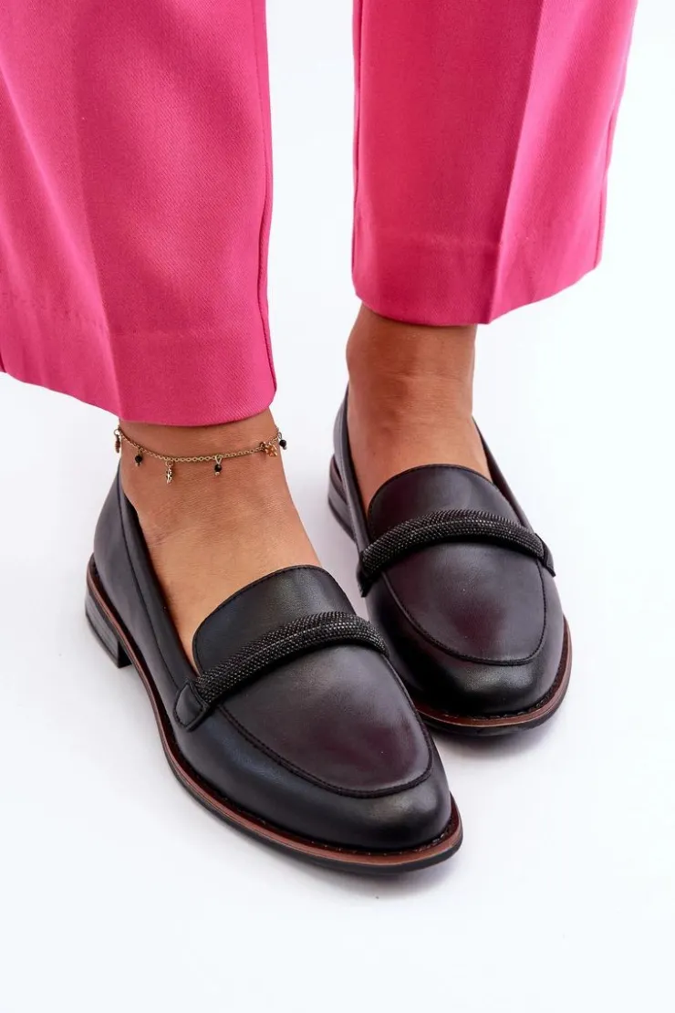 Buty Sergio Leone Skórzane Mokasyny Damskie Z Ozdobnym Paseczkiem Czarne Saosin