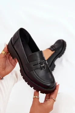 Buty damskie Vinceza Loafersy Damskie|Mokasyny Płaskie*Skórzane Mokasyny Damskie Z Przypinką Miś Vinceza 18109 Czarne