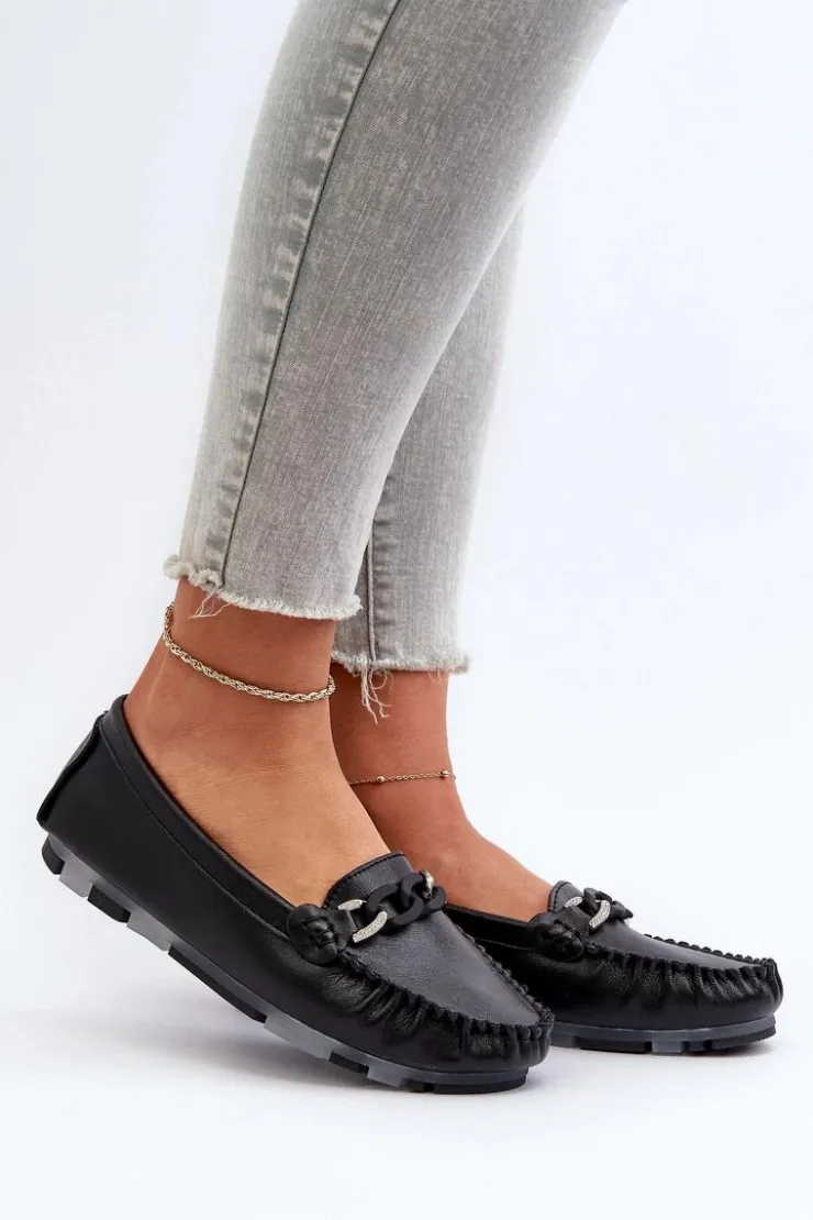 Damskie Damskie buty S.Barski Skórzane Mokasyny Damskie Z Ozdobą Czarne S.Barski LR339