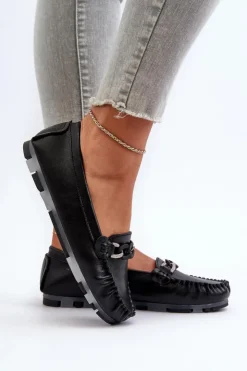 Damskie Damskie buty S.Barski Skórzane Mokasyny Damskie Z Ozdobą Czarne S.Barski LR339