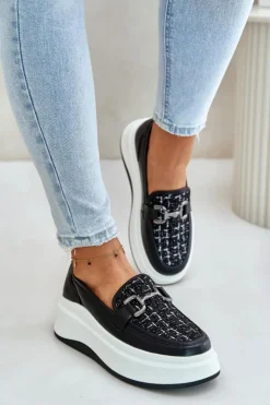 Damskie Buty damskie Vinceza Skórzane Mokasyny Damskie Na Platformie Z Ozdobą Vinceza 89105 Czarne