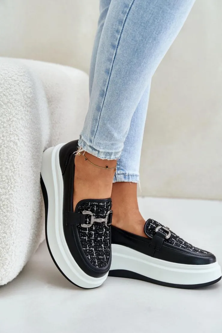 Damskie Buty damskie Vinceza Skórzane Mokasyny Damskie Na Platformie Z Ozdobą Vinceza 89105 Czarne