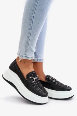 Damskie Buty damskie Vinceza Skórzane Mokasyny Damskie Na Platformie Z Ozdobą Vinceza 89105 Czarne