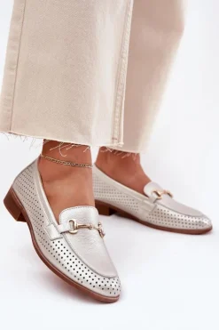 Damskie buty S.Barski Mokasyny Płaskie|Mokasyny Damskie Skórzane*Skórzane Mokasyny Damskie Z Ozdobą Na Płaskim Obcasie S.Barski LR51-594 Srebrne Srebrny