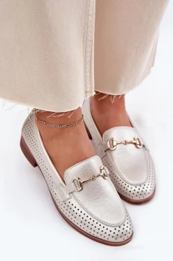 Damskie buty S.Barski Mokasyny Płaskie|Mokasyny Damskie Skórzane*Skórzane Mokasyny Damskie Z Ozdobą Na Płaskim Obcasie S.Barski LR51-594 Srebrne Srebrny