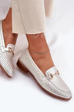 Damskie buty S.Barski Mokasyny Płaskie|Mokasyny Damskie Skórzane*Skórzane Mokasyny Damskie Z Ozdobą Na Płaskim Obcasie S.Barski LR51-594 Srebrne Srebrny