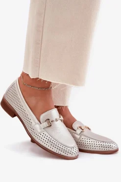 Damskie buty S.Barski Mokasyny Płaskie|Mokasyny Damskie Skórzane*Skórzane Mokasyny Damskie Z Ozdobą Na Płaskim Obcasie S.Barski LR51-594 Srebrne Srebrny