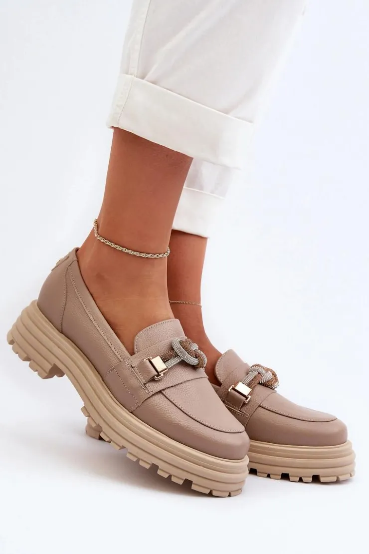 New Laura Messi Skórzane Mokasyny Damskie Z Ozdobą 2780 Ciemnobeżowe Beżowy