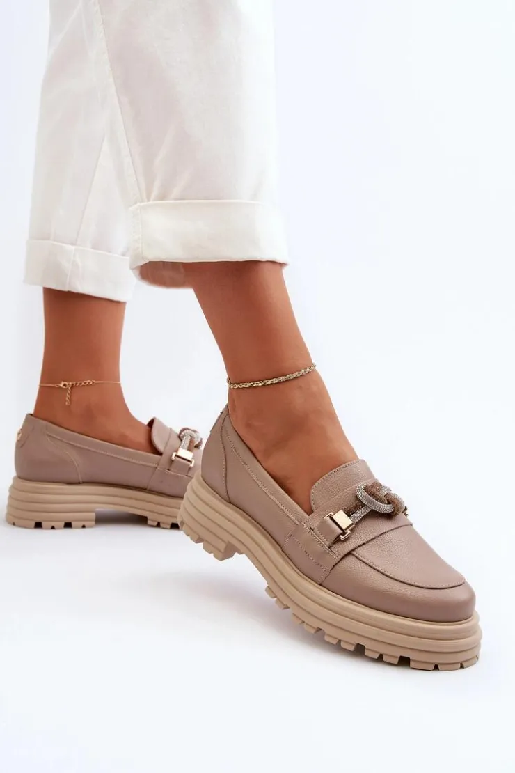 New Laura Messi Skórzane Mokasyny Damskie Z Ozdobą 2780 Ciemnobeżowe Beżowy